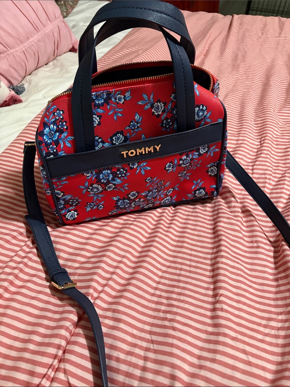 Tommy Hilfiger Red Floral Crossbody Satchel with Navy Trim